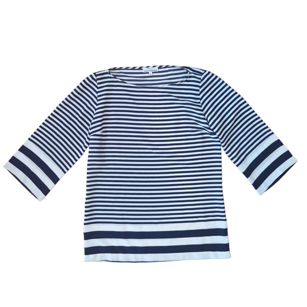Maus & Hoffman Navy Cream off White Striped Women's Boat Neck Top